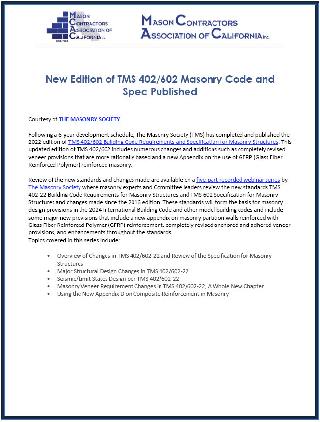 New Edition of TMS 402/602 Masonry Code and Spec Published